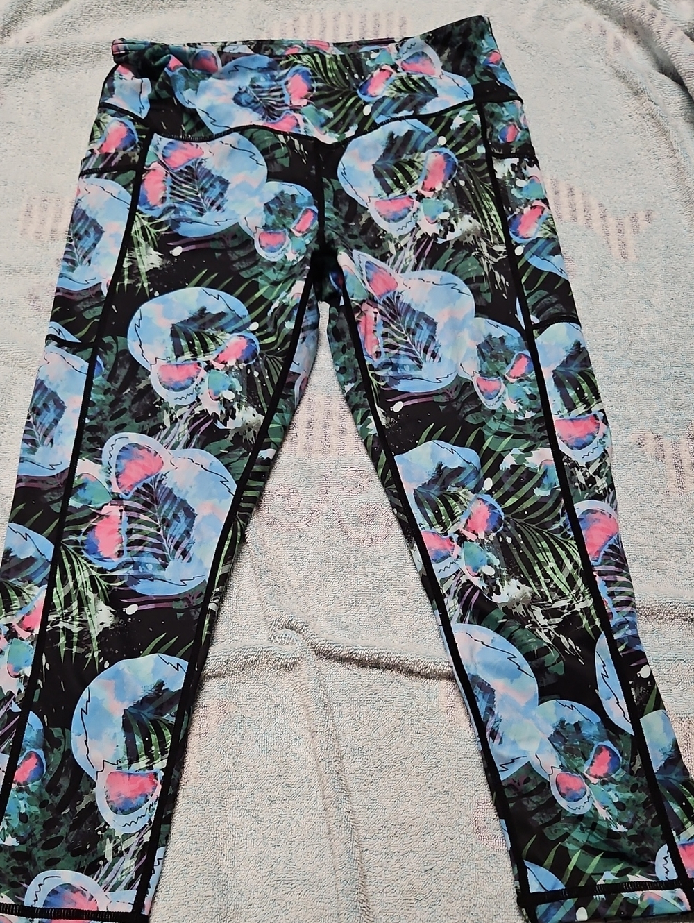 Constantly Varied Gear Black Leggings with Blue and Pink Floral Skull Print